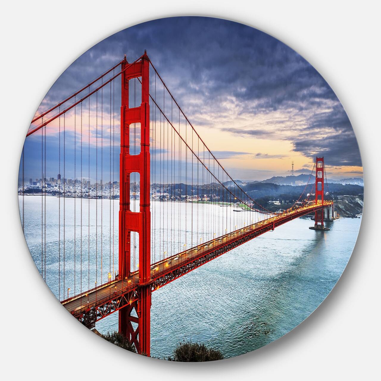 Designart - Golden Gate under Cloudy Sky' Ultra Glossy Sea Bridge Metal Circle Wall Art